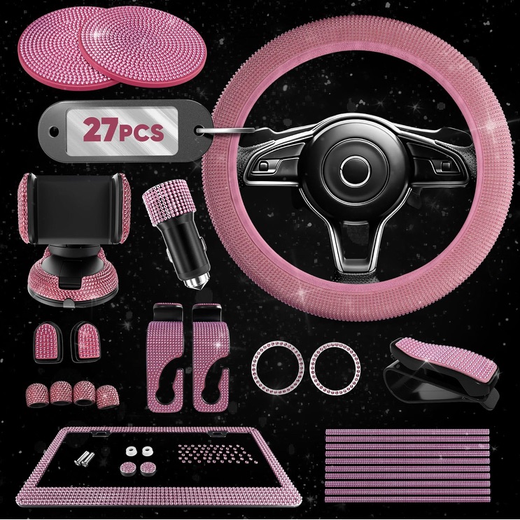 Pink Car Accessories Set 27 Pieces Bling Car Accessories